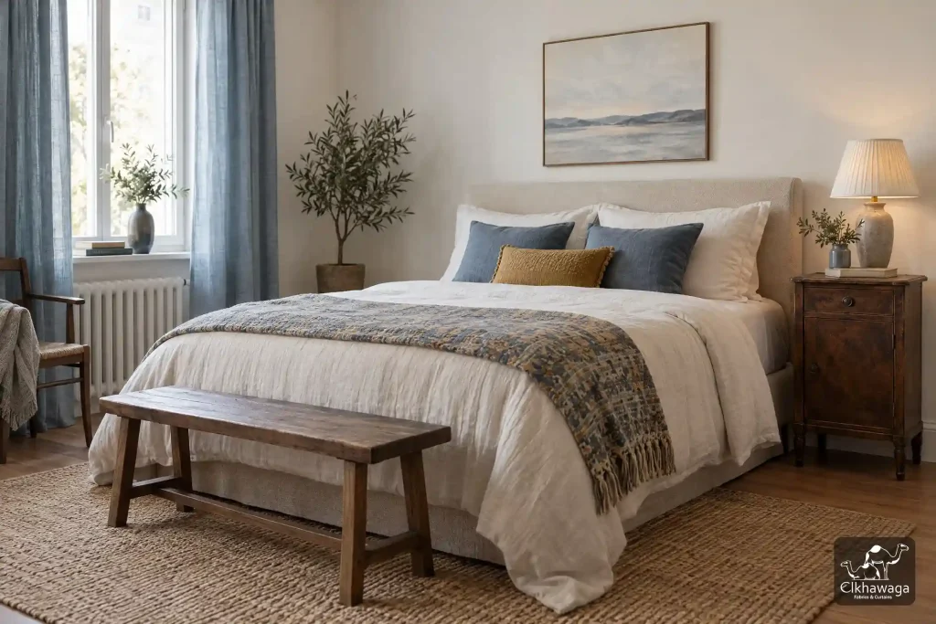 Layered textiles in an eclectic bedroom